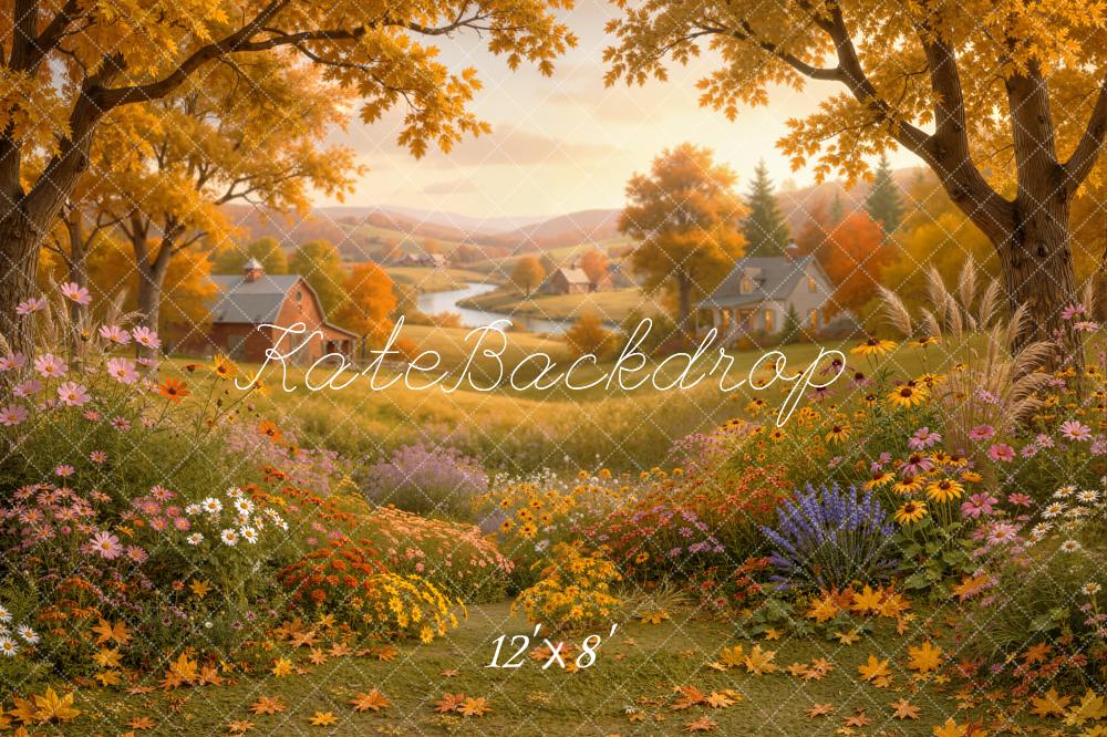Kate Fall Countryside Golden Village Flower Meadow Printed Backdrop Designed by Emetselch