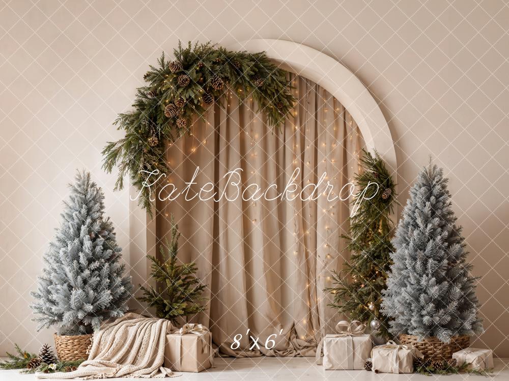 Kate Christmas Pine Arch Beige Drapes Garland Trees Gifts Printed Backdrop Designed by Emetselch