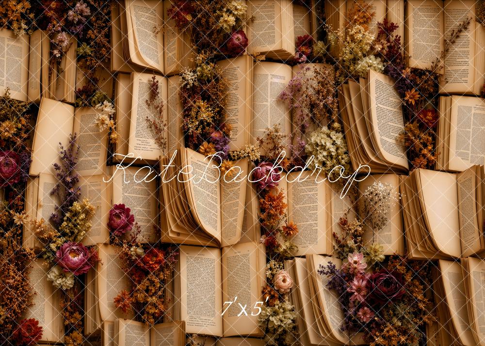Kate Vintage Books Dried Flowers Wall Printed Backdrop Designed by Ashley Ward