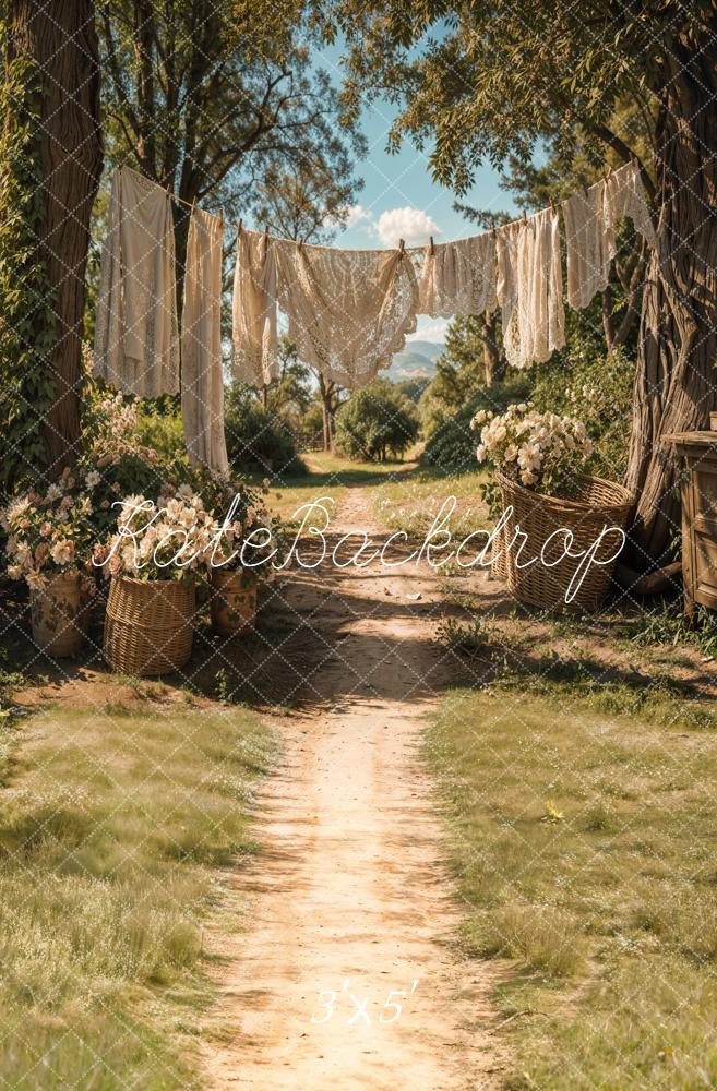 Kate Summer Country Path Laundry Clothesline Floral Baskets Backdrop Designed by Emetselch