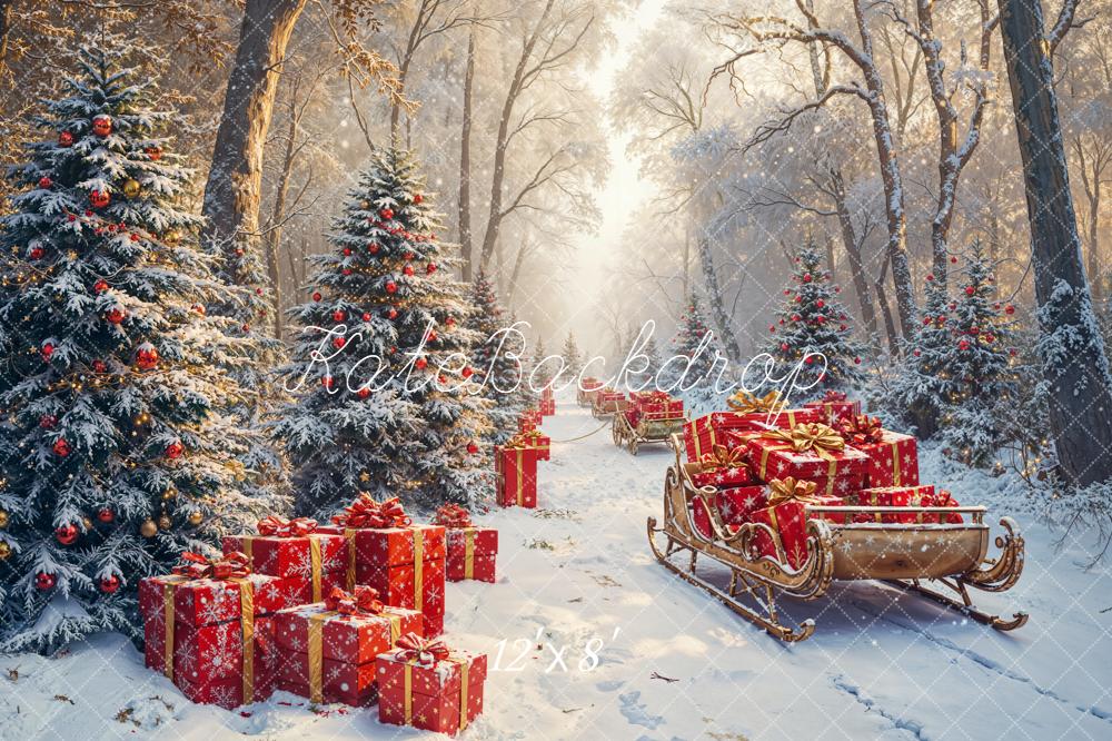 Kate Christmas Snowy Forest Red Sleigh Presents Backdrop Designed by Emetselch