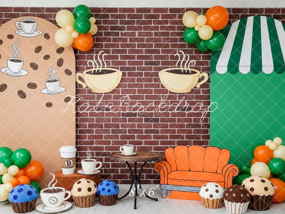 Kate Cake Smash Coffee Shop Brick Wall Cups Muffins Couch Backdrop Designed by Patty Roberts