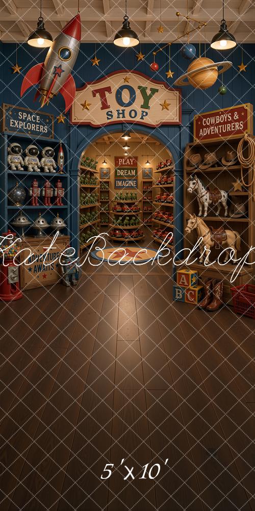 Kate Sweep Space Toy Shop Rocket Cowboy Printed Backdrop Designed by Ashley Ward