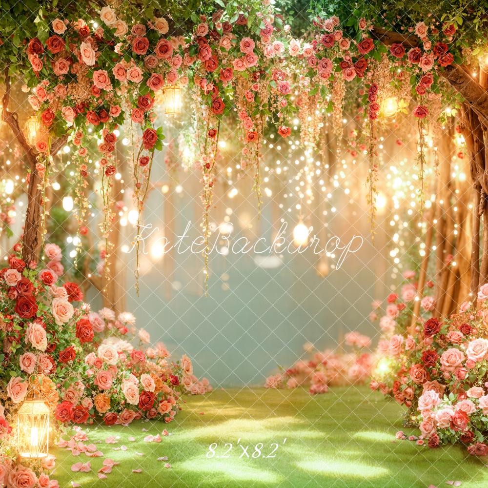Kate Valentines Romantic Flower Arch Trees Fairy Lights Printed Backdrop Designed by Emetselch