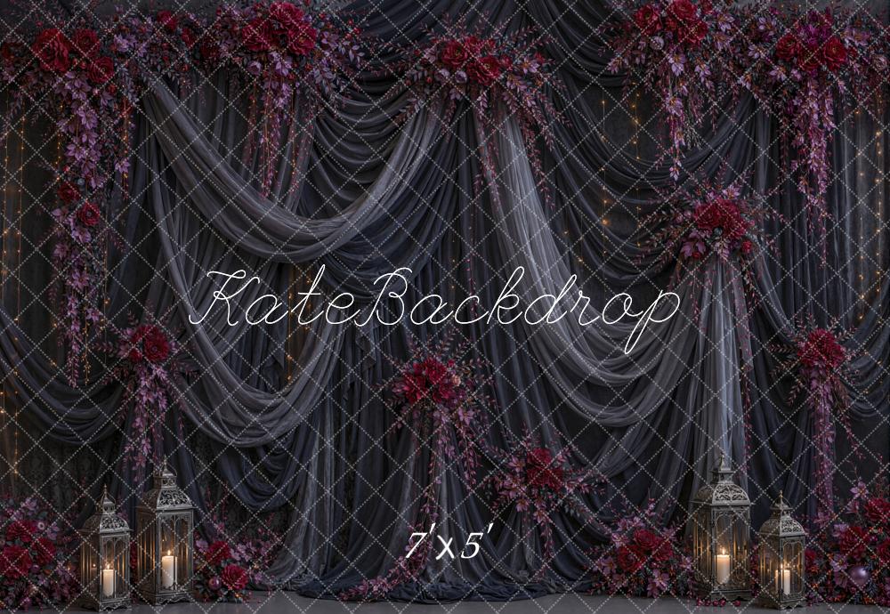 Kate Halloween Dark Drapes Floral Lanterns Printed Backdrop Designed by Chain Photography