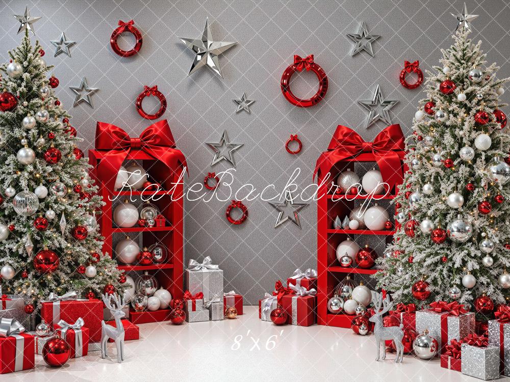 Kate Christmas Glitter Red Silver Trees Shelves Gift Boxes Printed Backdrop Designed by Mini MakeBelieve