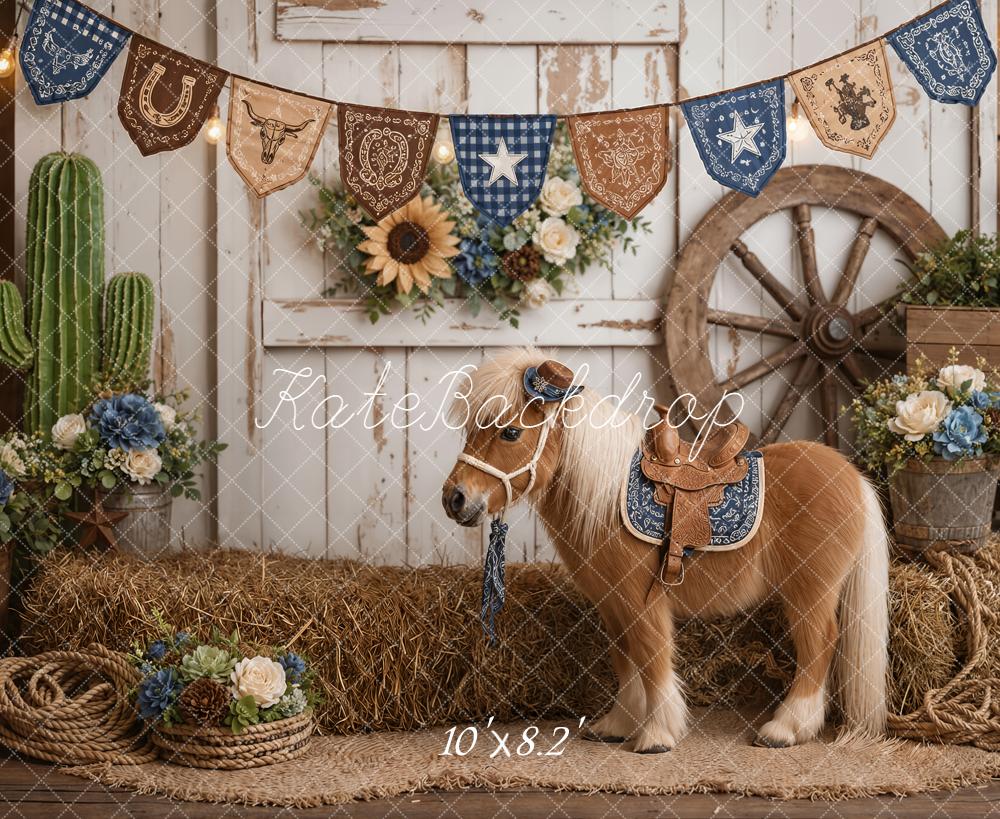 Kate Western Barn Pony Hay Bales Cactus Wagon Wheel Printed Backdrop Designed by Emetselch