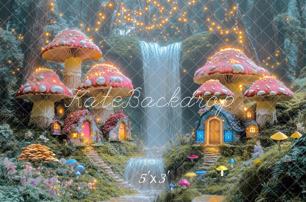 Fondo de Bosque de Cascadas de Mushrooms de Fantasía de Hadas Diseñado por Mini MakeBelieve