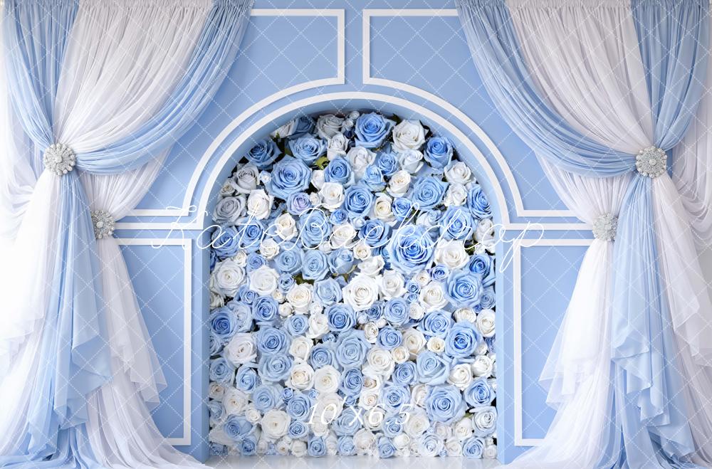 Kate Blue Flower Arch White Rose Curtain Printed Backdrop Designed by Mini MakeBelieve