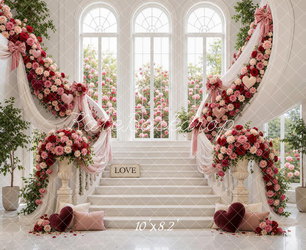 Kate Valentine's Day Cascading Stairs Roses Drapes Arched Windows Printed Backdrop Designed by Emetselch
