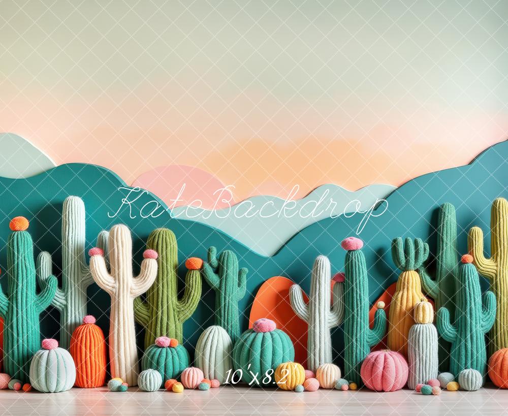 Kate Colorful Cactus Pumpkin Mountains Printed Backdrop Designed by Laura Bybee
