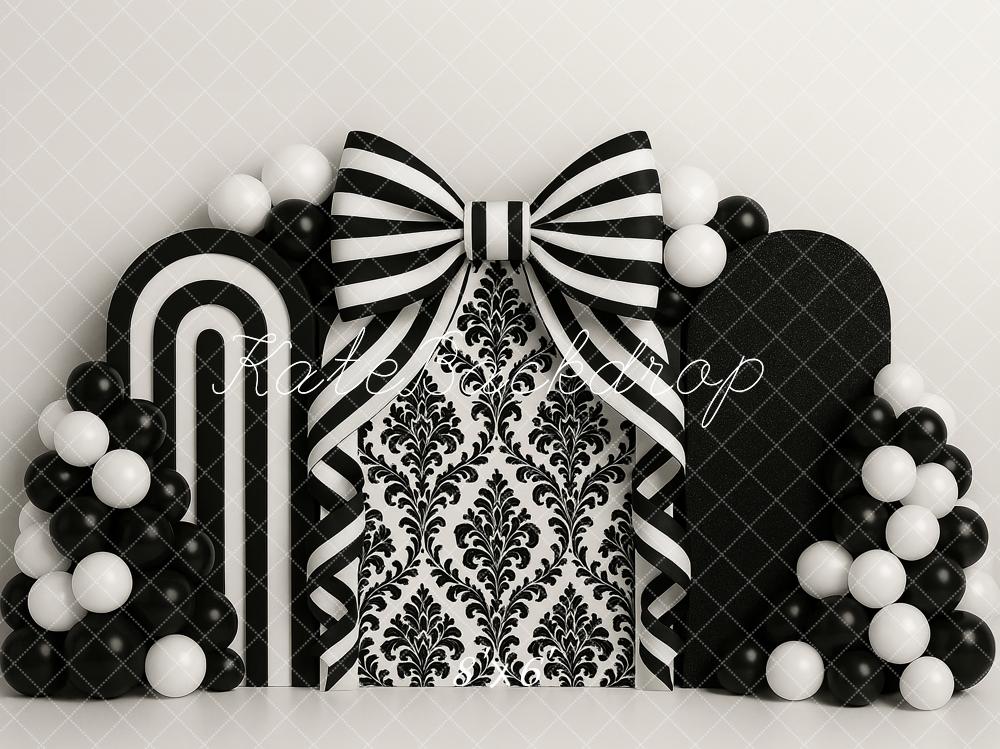 Kate Cake Smash Black White Bow Balloons Backdrop Designed by Ashley Paul