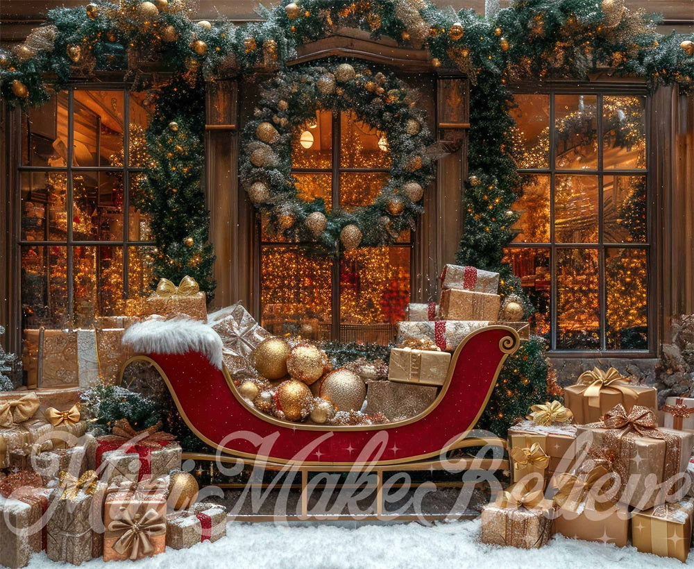 Kate Winter Christmas Sleigh Gift Store Backdrop Designed by Mini MakeBelieve