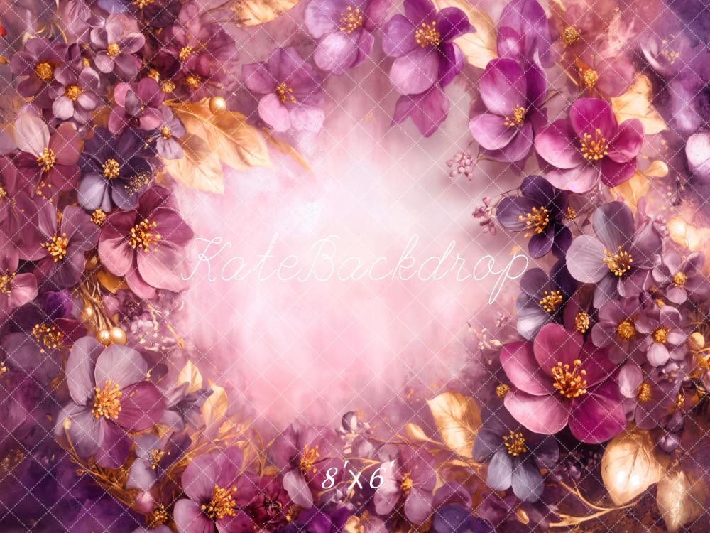 Kate Fine Art Purple Floral Gold Leaves Backdrop Designed by Emetselch
