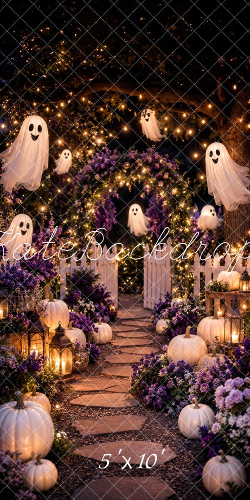 Kate Sweep Halloween Ghost Archway Pumpkins Lanterns Flowers Printed Backdrop Designed by Megan Leigh Photography
