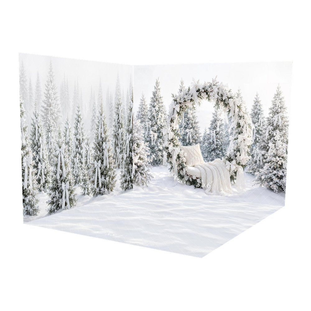 Kate Christmas Flower Arch Snowy Pine Trees White Bows Printed Backdrop Room Set