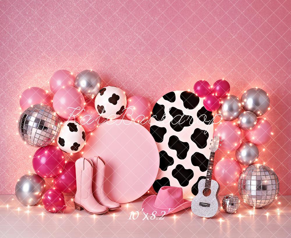 SALE Kate Birthday Cowgirl Pink Balloon Guitar Disco Backdrop Designed by Ashley Paul
