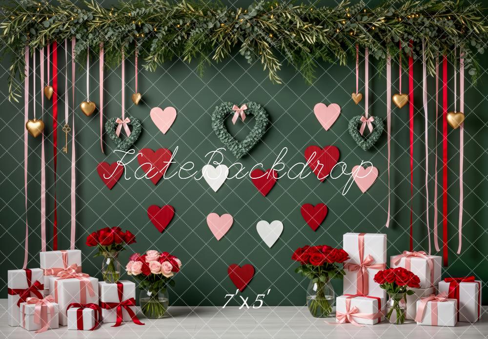 Kate Valentine's Day Green Wall Heart Wreaths Red Pink Hearts Ribbons Gifts Printed Backdrop Designed by Patty Roberts