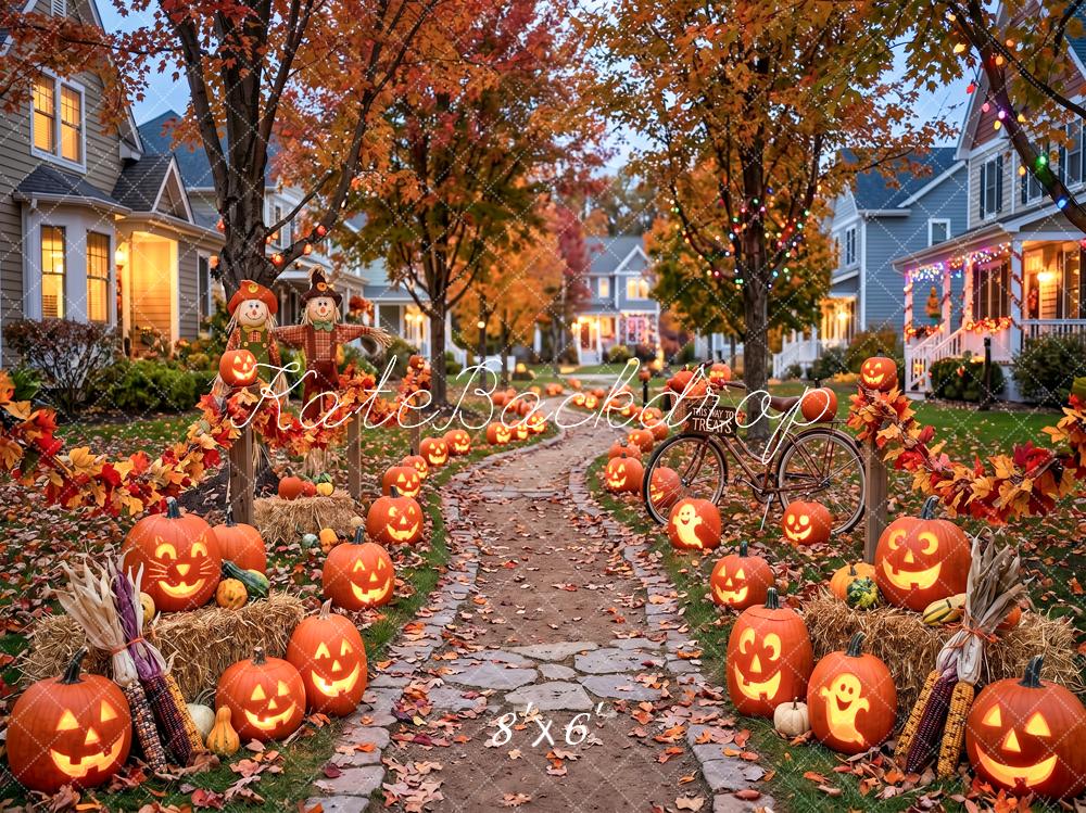 Kate Halloween Pumpkin Pathway Fall Neighborhood Printed Backdrop Designed by Angela Miller