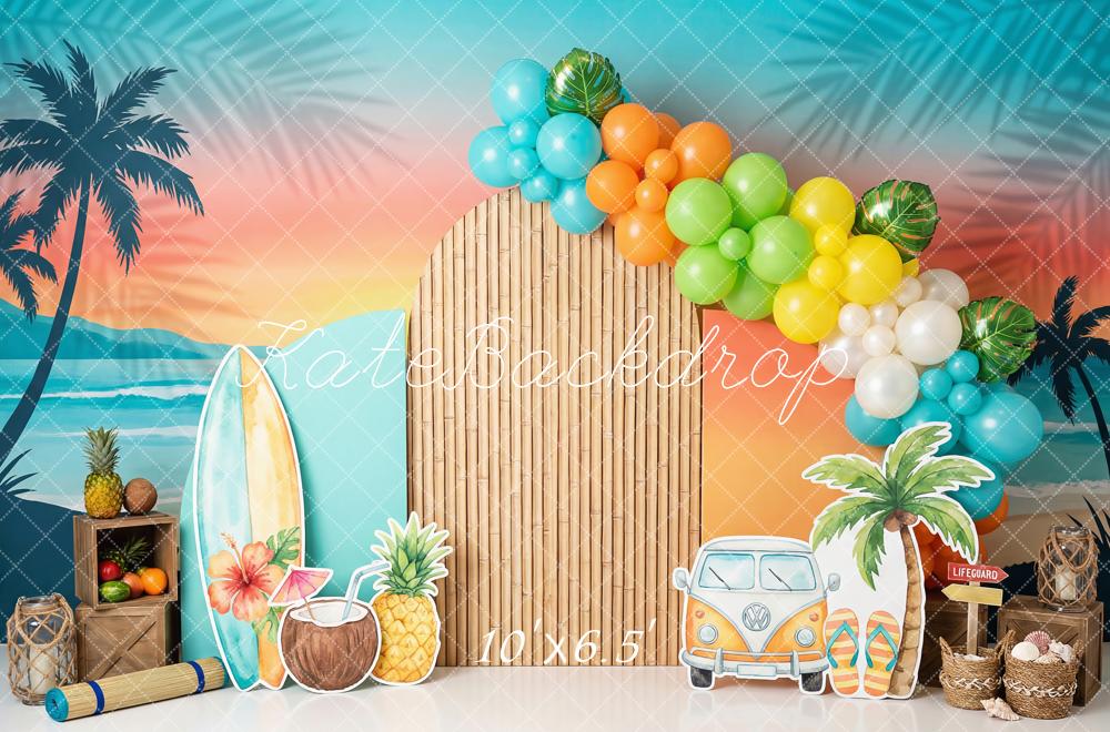Kate Summer Beach Bamboo Arch Palm Tree Surfboard Printed Backdrop Designed by Patty Roberts
