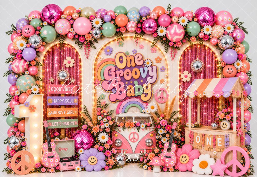 Kate 1st Birthday Groovy Baby Balloon Arch Camper Van Pink Printed Backdrop Designed by Ashley Paul