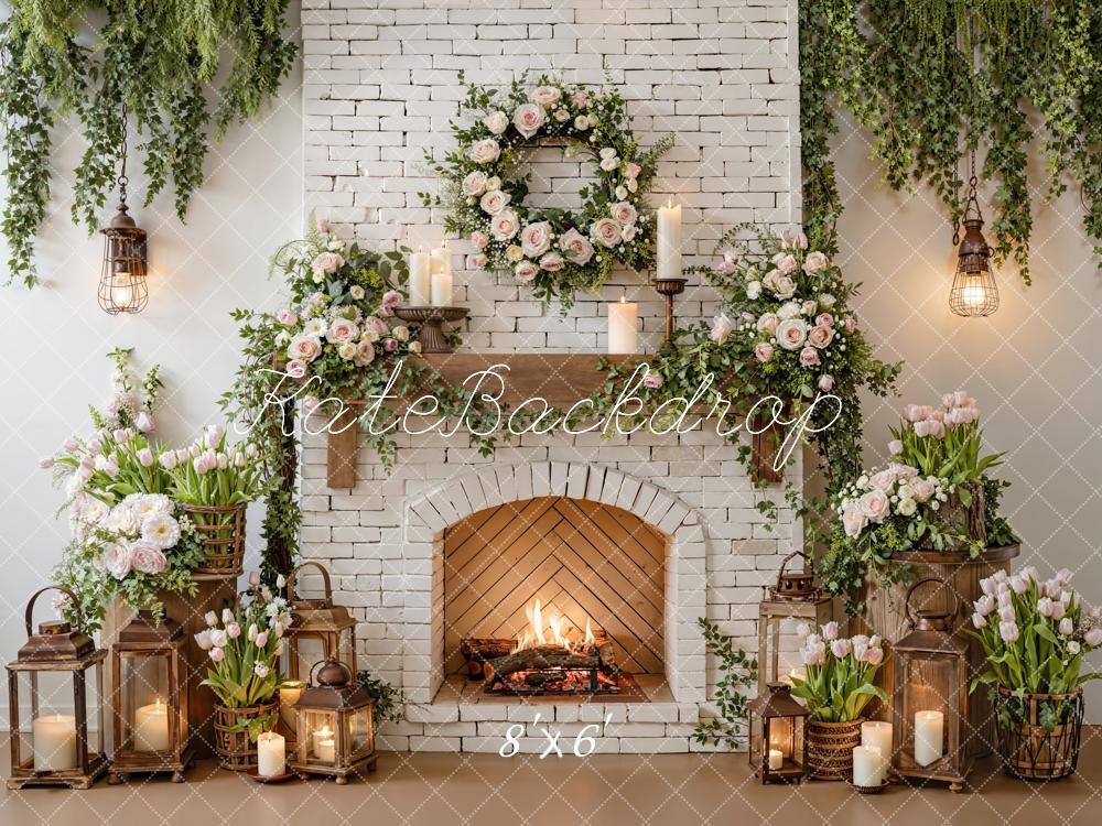 Kate White Brick Fireplace Floral Lanterns Backdrop Designed by Emetselch
