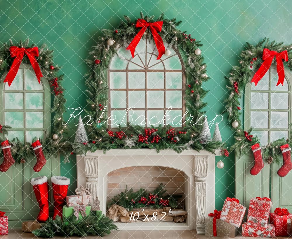 Kate Christmas Fireplace Garland Stockings Red Bows Backdrop Designed by Patty Roberts