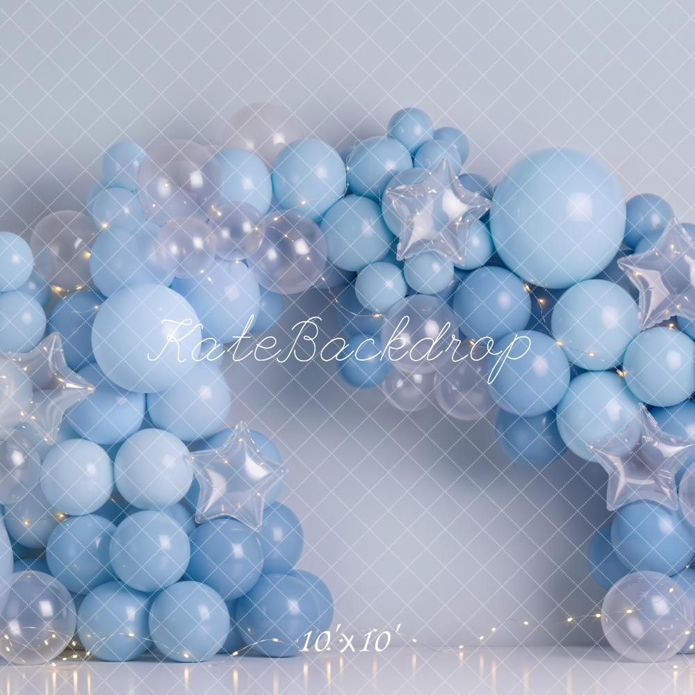 Kate Cake Smash Blue Balloon Arch with Clear Balloons and Silver Stars Printed Backdrop Designed by Emetselch