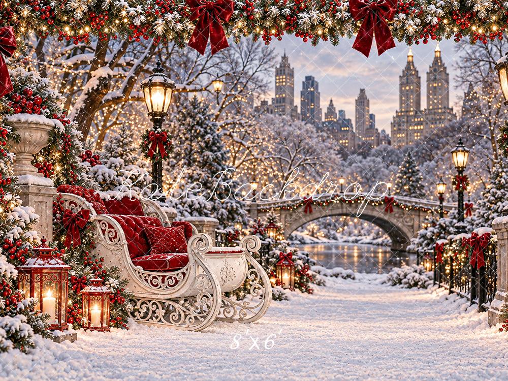 Kate Christmas Snowy City Central Park Sleigh Printed Backdrop Designed by Angela Miller
