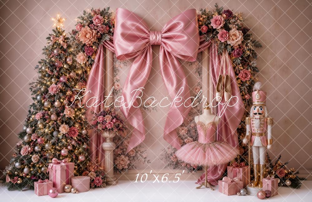 Kate Christmas Tree Pink Bow Nutcracker Ballerina Printed Backdrop Designed by Ashley Ward