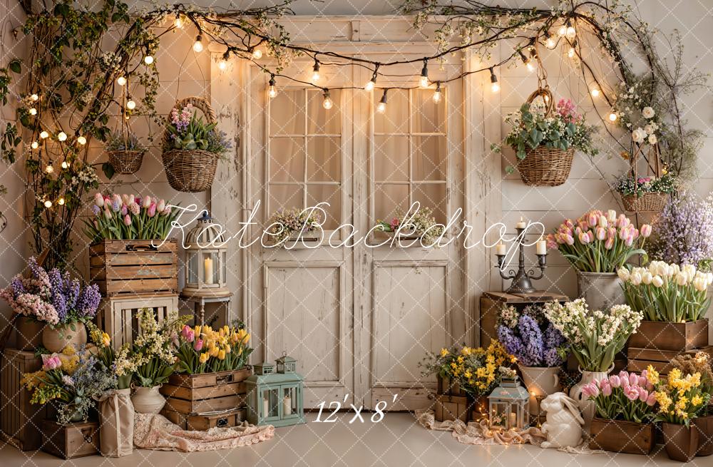 TEST Kate Spring Flower Crates Rustic Door String Lights Backdrop Designed by Emetselch