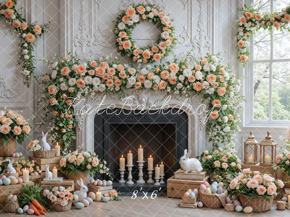 Kate Easter Bunny Floral Fireplace Pastel Eggs Backdrop Designed by Mini MakeBelieve
