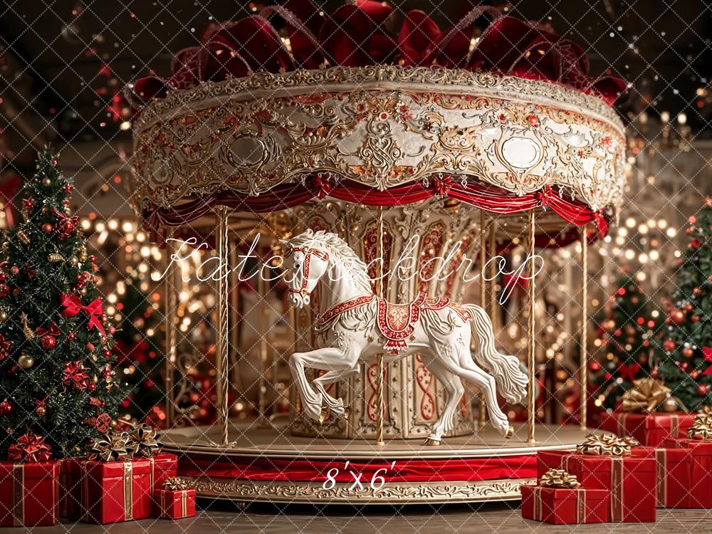Kate Christmas Carousel White Horse Red Gifts Backdrop Designed by Emetselch