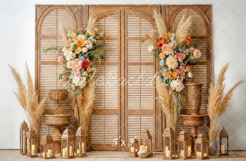 Kate Boho Pampas Grass Shutter Panel Lanterns Flowers Backdrop Designed by Emetselch
