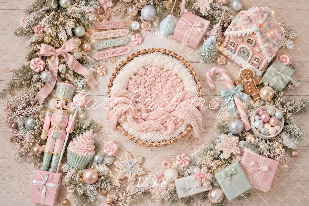 Kate Christmas Newborn Pink Pastel Candy Gingerbread Nutcracker Printed Backdrop Designed by Laura Bybee