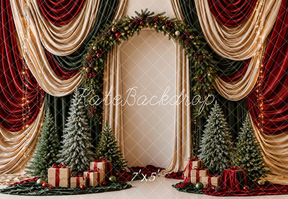 Kate Christmas Red Green Gold Drapes Flower Arch Christmas Trees Gifts Printed Backdrop Designed by Emetselch