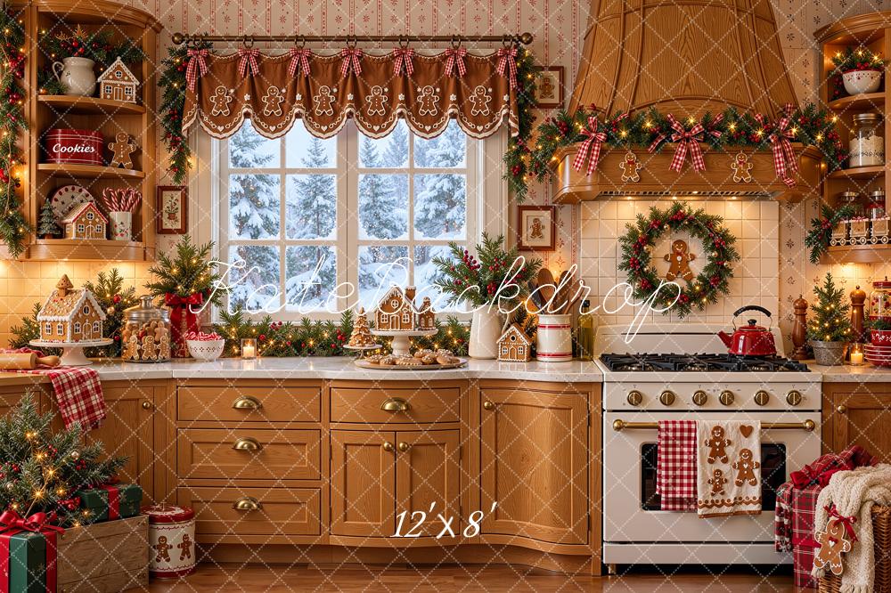 Kate Christmas Brown Gingerbread Kitchen Cabinet Window Printed Backdrop Designed by Shutter Swan Studios