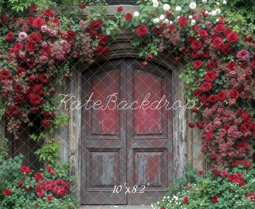 Kate Spring Flower Arch Red Roses Wooden Door Backdrop Designed by Mini MakeBelieve
