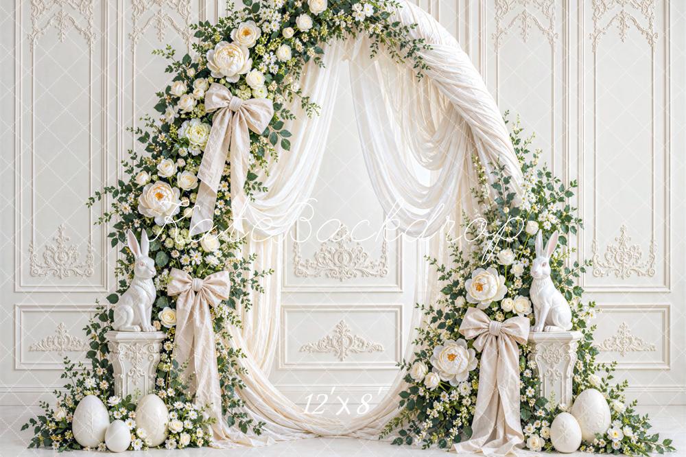Kate Easter White Floral Arch Drapery Bow Bunny Vintage Printed Backdrop Designed by Mini MakeBelieve