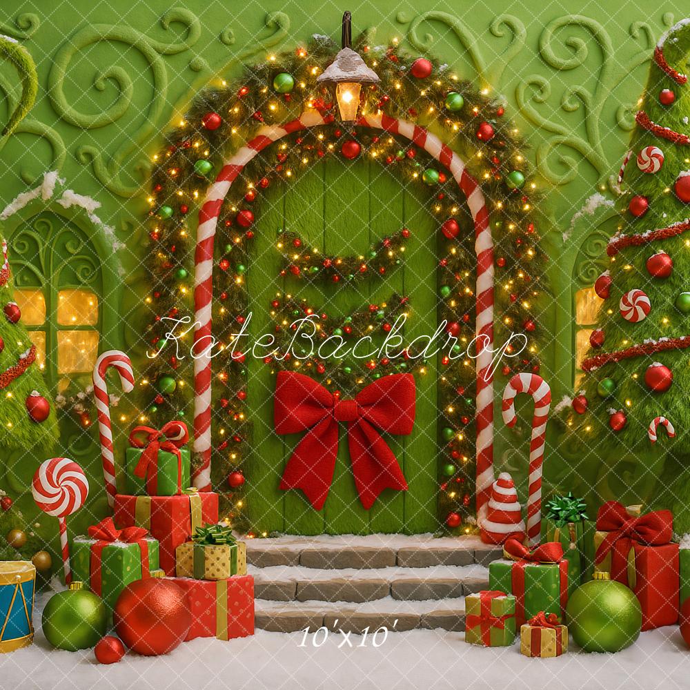 Kate Christmas Witch Door Green Candy Arch Trees Gifts Backdrop Designed by Ashley Paul