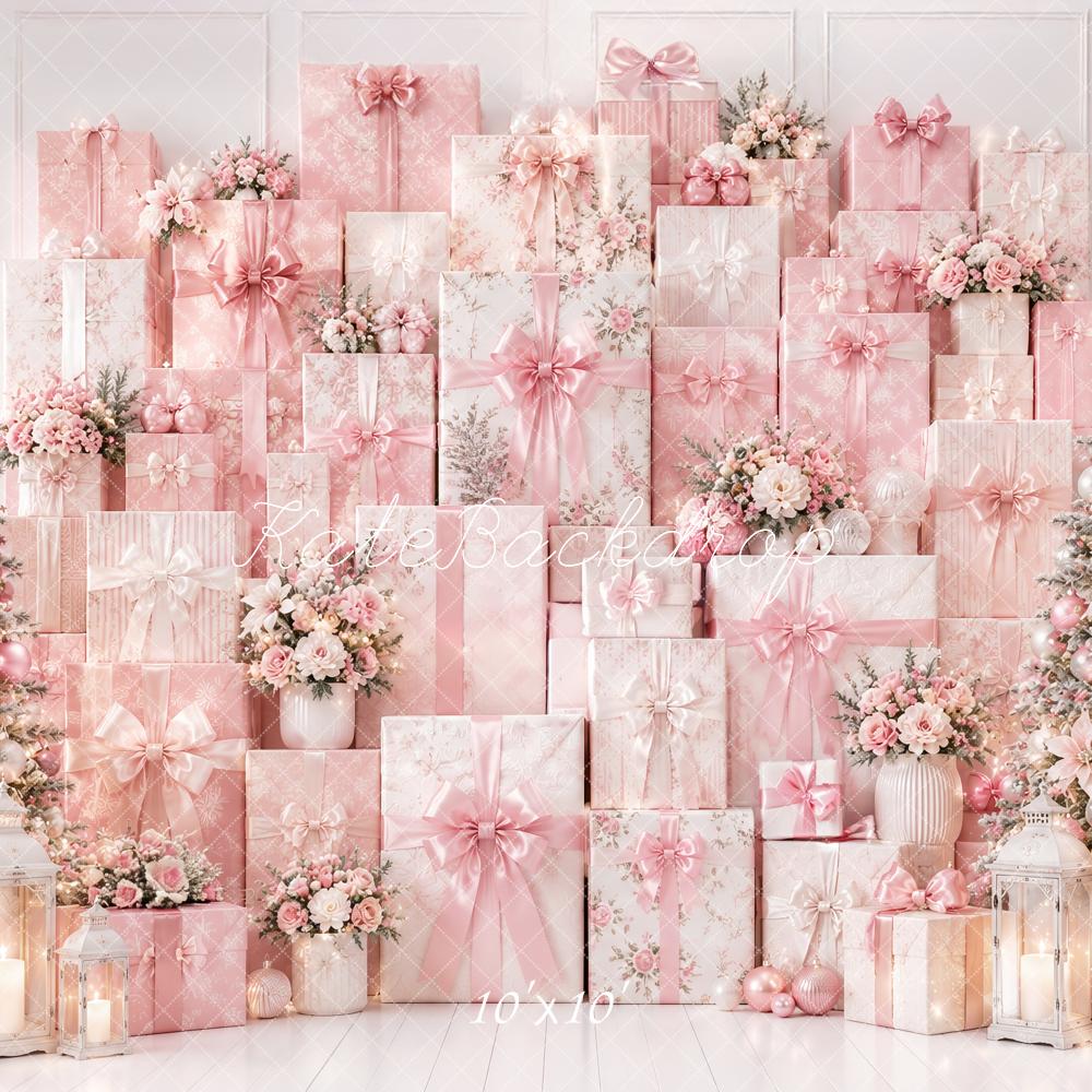 Kate Christmas Pink Gifts Wall Floral Trees Printed Backdrop Designed by Ashley Paul