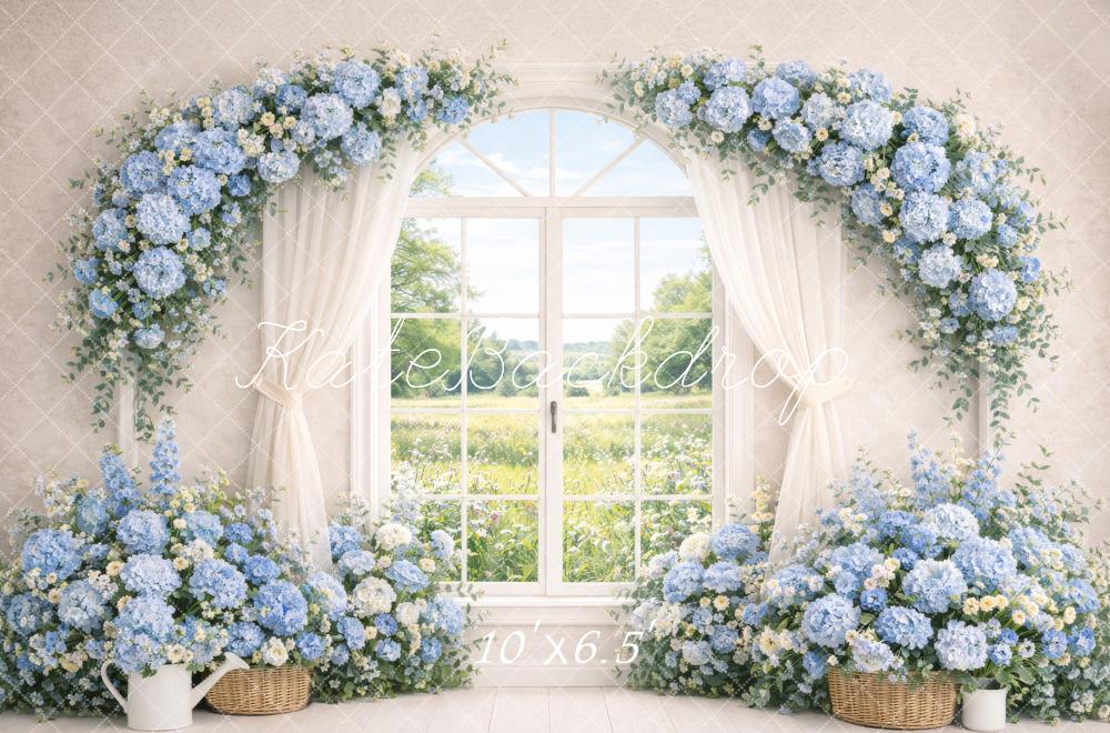 Kate Spring Flower Arch Blue Hydrangea Window Curtains Backdrop Designed by Megan Leigh Photography