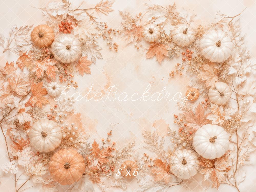Kate Fall Pumpkins Maple Leaves Beige Printed Backdrop Designed by Megan Leigh Photography