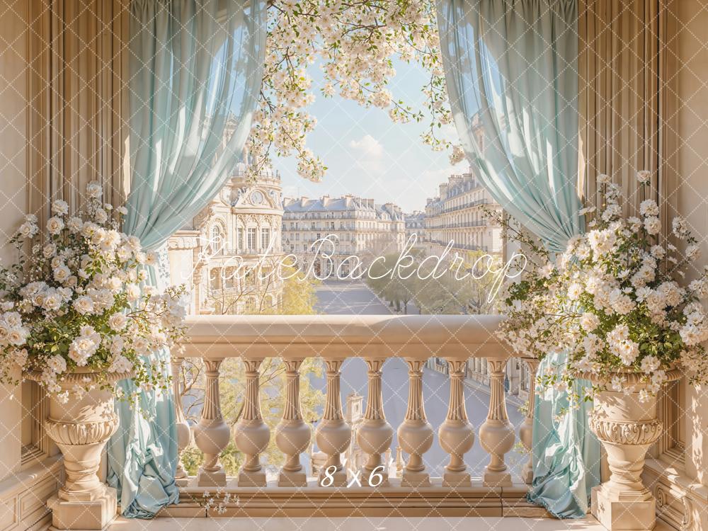 Kate Spring Elegant Balcony Blossoms Blue Curtains City View Backdrop Designed by Emetselch