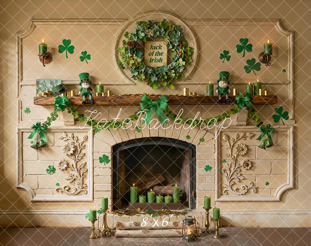 Kate St. Patrick's Day Fireplace Shamrock Green Wreath Printed Backdrop Designed by Emetselch