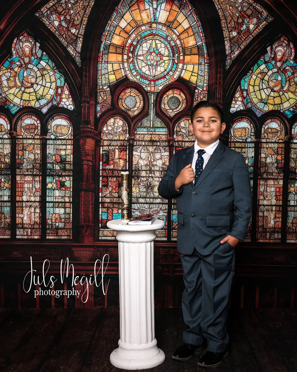 Kate Gothic Arched Stained Glass Window Backdrop Designed by Mandy Ringe Photography