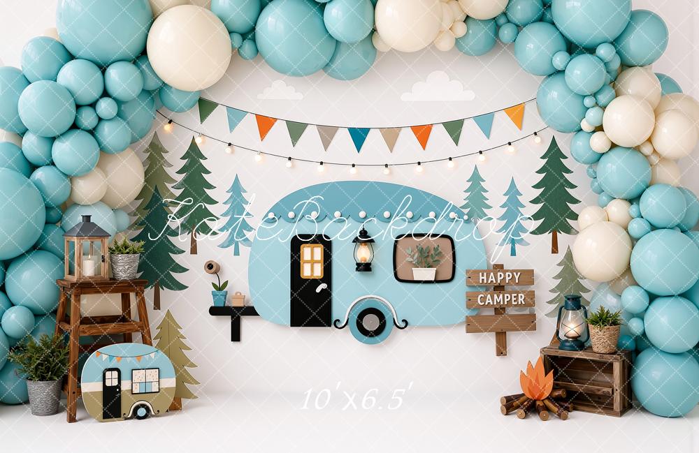 Kate Cake Smash Teal Camper Forest Balloon Arch Bunting Printed Backdrop Designed by Ashley Ward