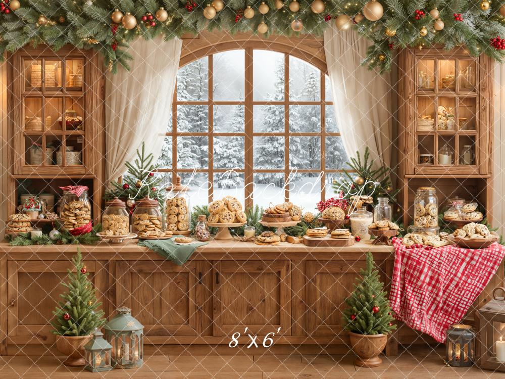 Kate Christmas Kitchen Cookie Wooden Cabinet Pine Garland Window Backdrop Designed by Emetselch