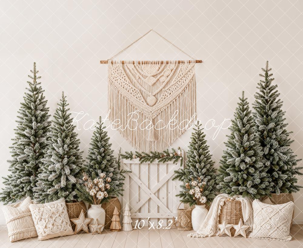Kate Christmas Boho Snowy Pine Trees Macrame Pillows Printed Backdrop Designed by Emetselch