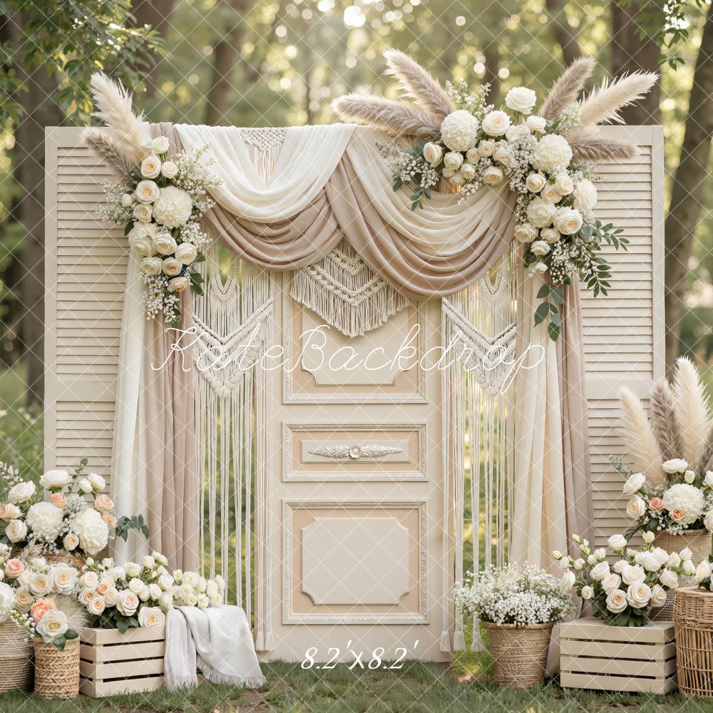 Kate Boho Flower Arch Beige Shutter Door Backdrop Designed by Mini MakeBelieve